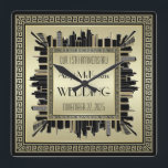 Art Deco Wedding Champagne Gold Gatsby Glamour Square Wall Clock<br><div class="desc">Create your very own Art Deco-style,  Great Gatsby-inspired design featuring a cityscape with greek key pattern frame in elegant champagne gold and black. Replace the sample text with your own for a personalised gift. Makes a wonderful gift for wedding,  anniversary,  birthday,  Father’s Day,  promotion,  retirement and other special occasions.</div>