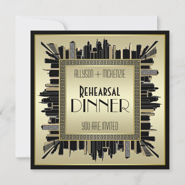 Art Deco Wedding Champagne Gold Rehearsal Dinner Invitation (Front)
