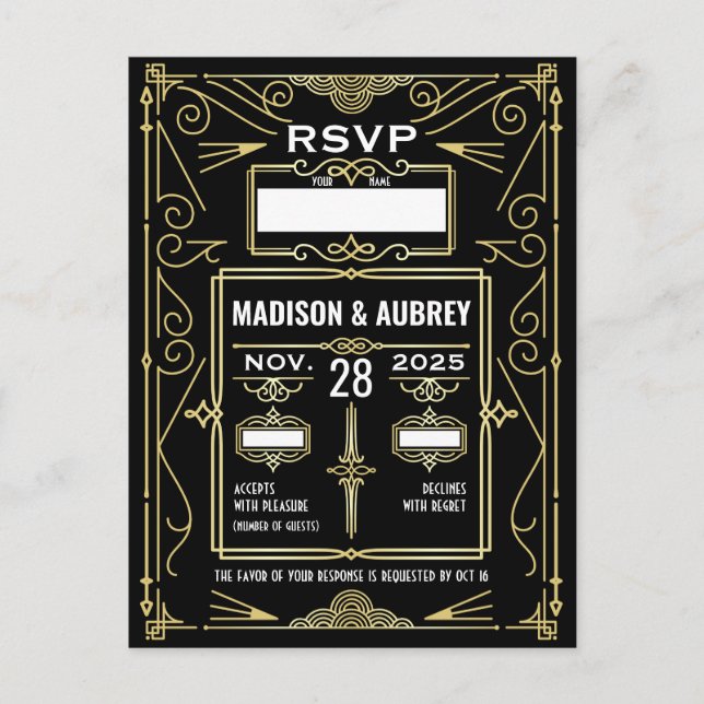 Art Deco Wedding Classy Gold Black RSVP Response Postcard (Front)