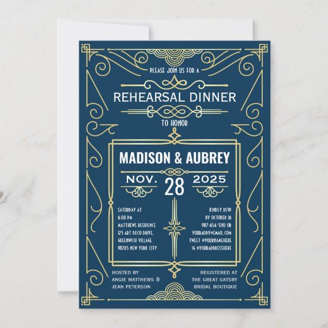 Art Deco Wedding Classy Gold Blue Rehearsal Dinner Invitation (Front)