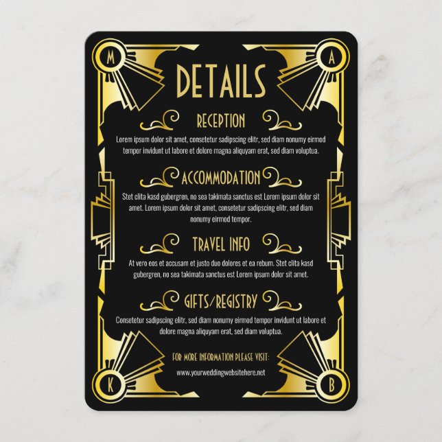 Art Deco Wedding Details Directions Map Gold Black Enclosure Card (Front)