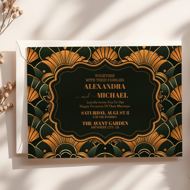 Art Deco Wedding Diamond Gold and Green  Invitation (Creator Uploaded)