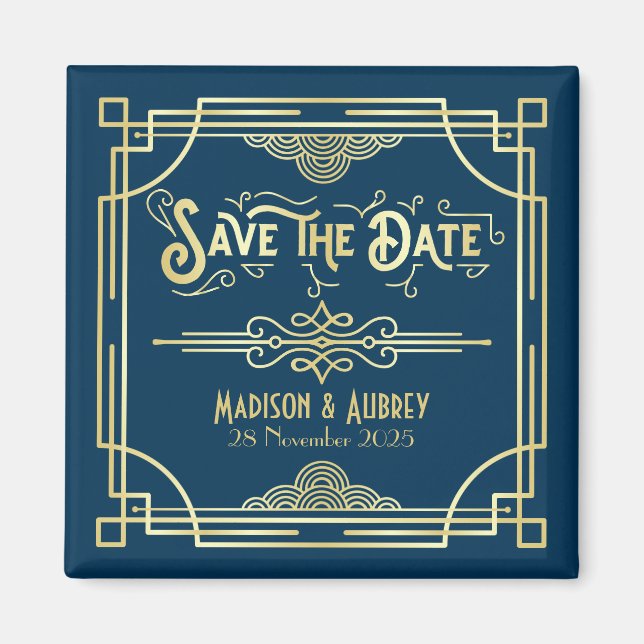 Art Deco Wedding Elegant Gold Blue Save the Date Magnet (Front)