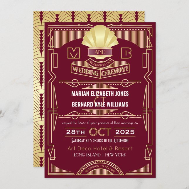 Art Deco Wedding Elegant Gold Burgundy Gatsby Invitation (Front/Back)
