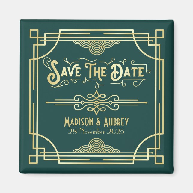 Art Deco Wedding Elegant Gold Green Save the Date Magnet (Front)