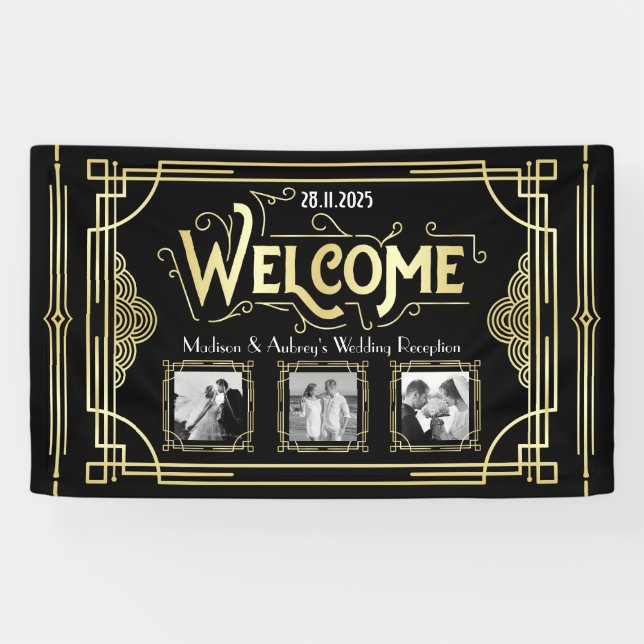 Art Deco Wedding Gold Black Gatsby Photo Welcome Banner (Horizontal)