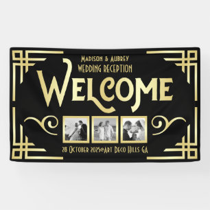 Art Deco Wedding Gold Black Three Photo Welcome Banner