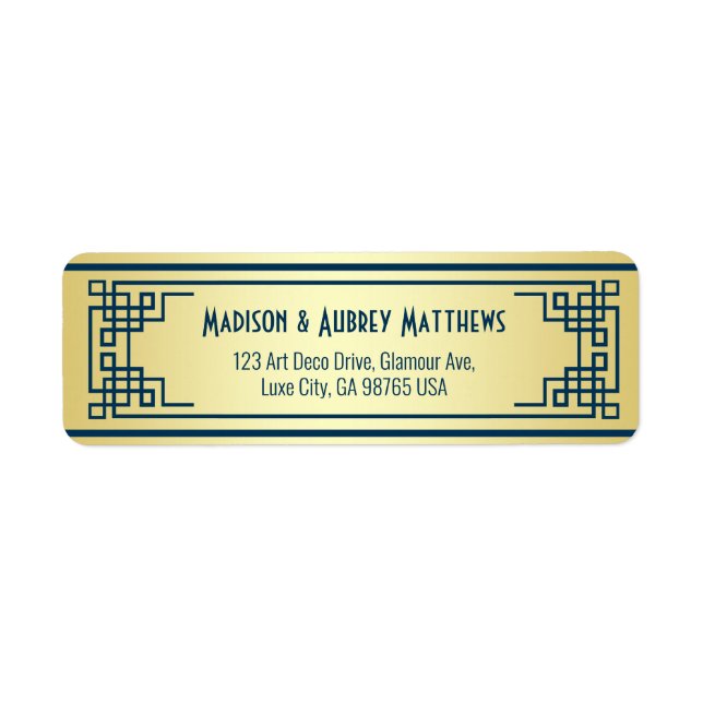 Art Deco Wedding Gold Blue Elegant Return Address (Front)