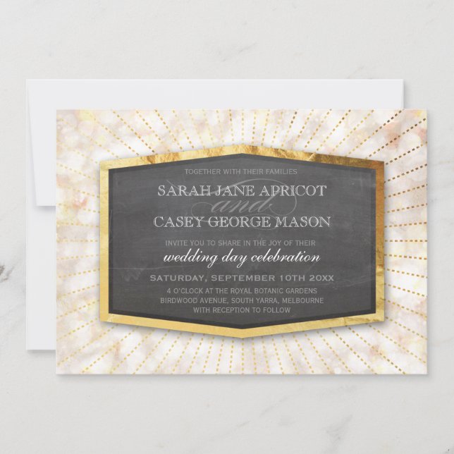 ART DECO WEDDING gold sunburst grey bokeh cream Invitation (Front)