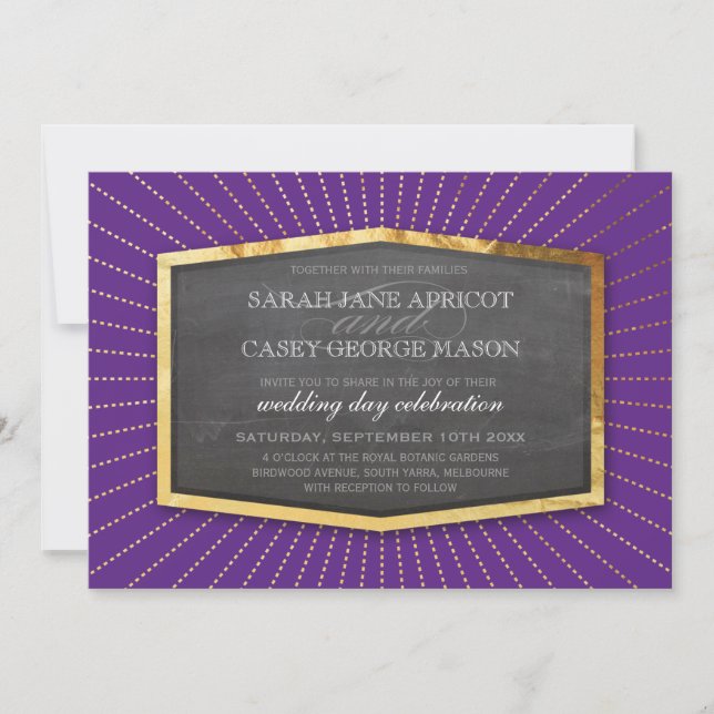 ART DECO WEDDING gold sunburst grey rich purple Invitation (Front)