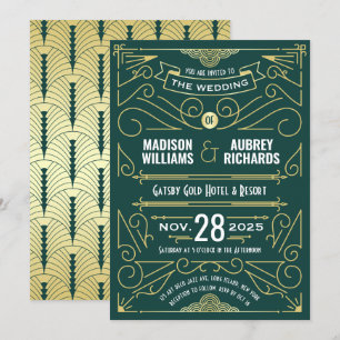 Art Deco Wedding Great Gatsby Elegant Gold Green Invitation