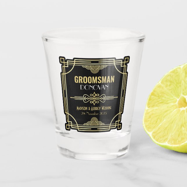Art Deco Wedding Groomsman Gold Black Favour 1920s Shot Glass (Front)