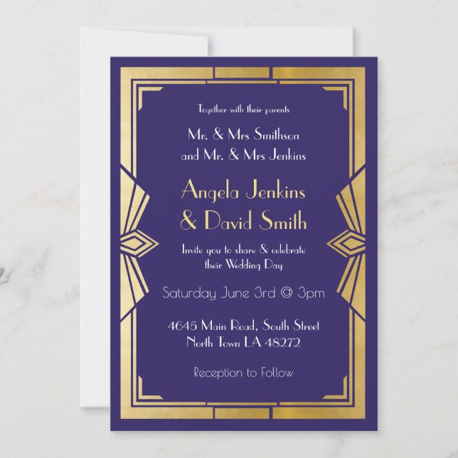 Art Deco Wedding Invitation 1920s Gatsby Navy Gold (Front)