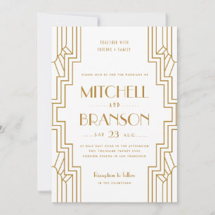 Art Deco Wedding Invitation Gold White Gay Couple