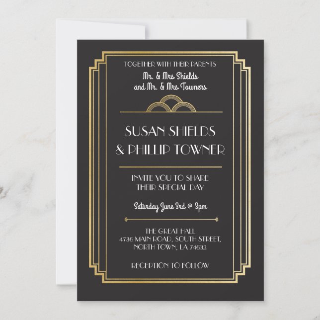 Art Deco Wedding Invitations Black & Gold 1920's (Front)