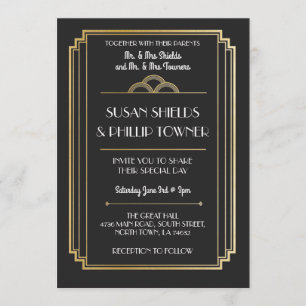Art Deco Wedding Invitations Black & Gold 1920's