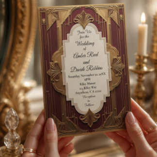 Art Deco Wedding Invite Burgundy & Gold Vintage