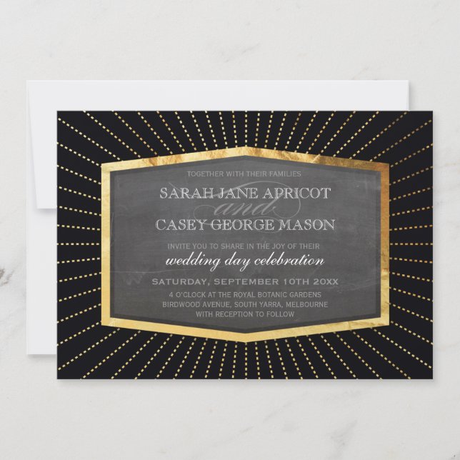 ART DECO WEDDING INVITE gold sunburst chalkboard (Front)