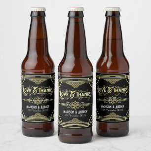 Art Deco Wedding Love & Thanks Gold Black Favor Beer Bottle Label