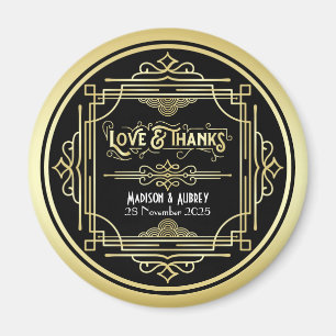 Art Deco Wedding Love & Thanks Gold Black Favour Magnet