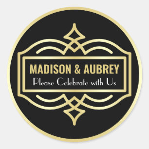 Art Deco Wedding Love & Thanks Gold Black Mailing Classic Round Sticker