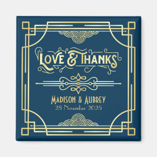 Art Deco Wedding Love & Thanks Gold Blue Favor Magnet