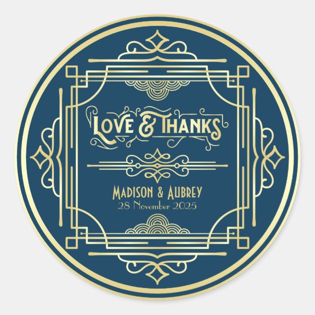 Art Deco Wedding Love & Thanks Gold Blue Favour Classic Round Sticker (Front)