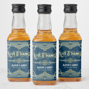 Art Deco Wedding Love & Thanks Gold Blue Favour Liquor Bottle Label