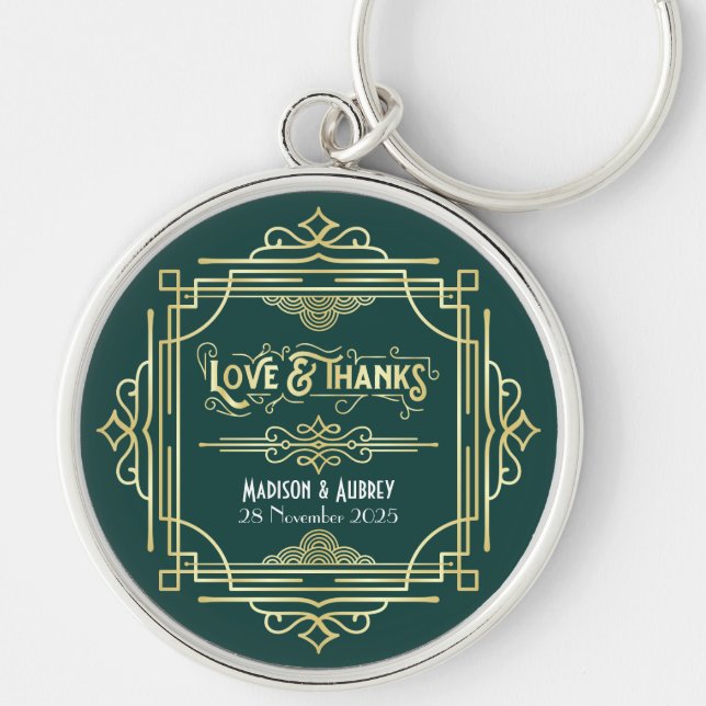 Art Deco Wedding Love & Thanks Gold Green Favor Key Ring (Front)