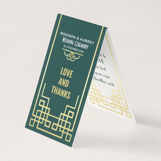 Art Deco Wedding Love & Thanks Gold Green Favour (Front)