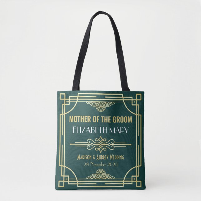 Art Deco Wedding Mother of the Groom Gold Green Tote Bag (Front)