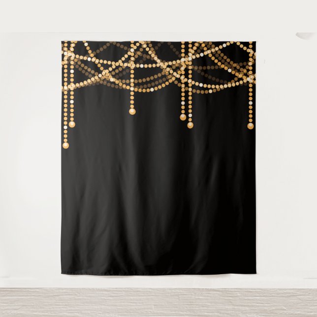 Art Deco Wedding Photo Backdrop Gold String Lights Tapestry (Front)