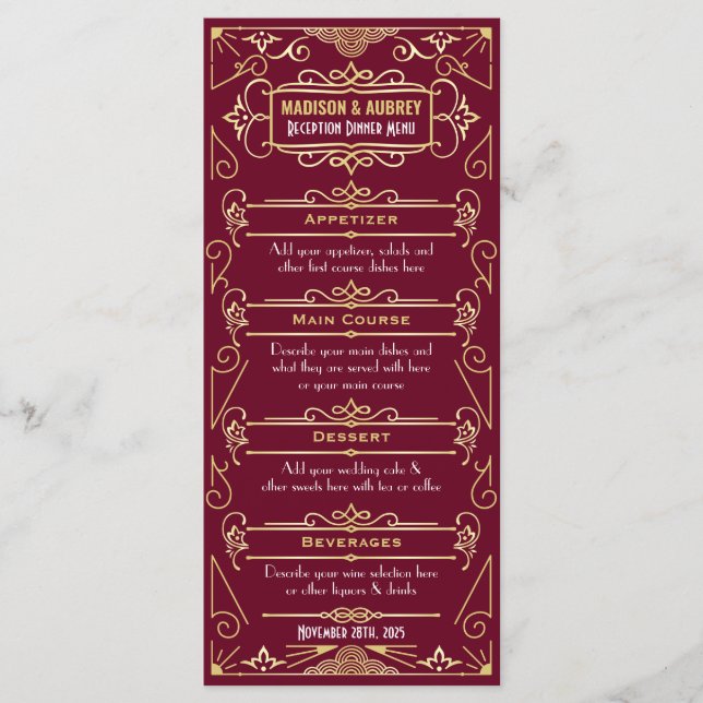 Art Deco Wedding Reception Dinner Gold Burgundy Menu (Front)