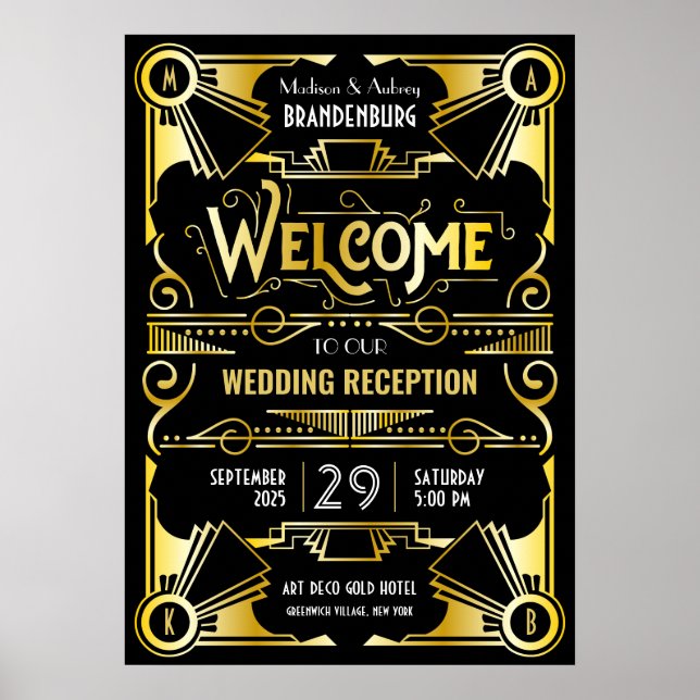 Art Deco Wedding Reception Welcome Gold & Black Poster (Front)