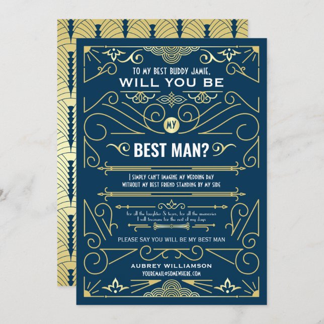Art Deco Wedding Will You Be My Best Man Gold Blue Invitation (Front/Back)