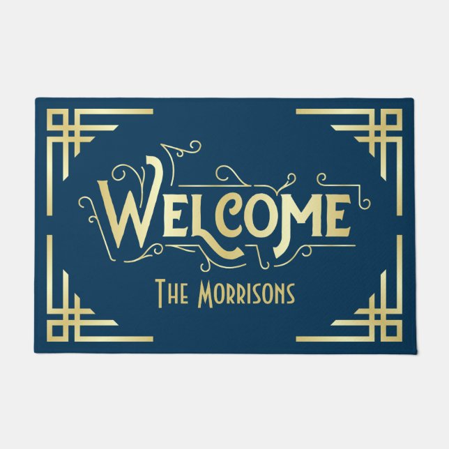 Art Deco Welcome Newlywed Gift Gold Blue Gatsby Doormat (Front)