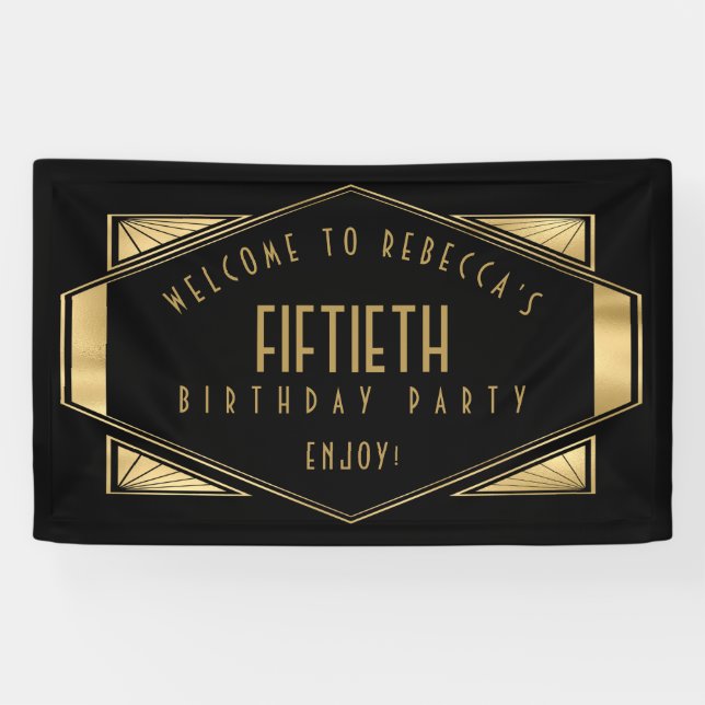 Art Deco Welcome to 50th Birthday Party Gold Black Banner (Horizontal)