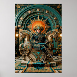 Art Deco Western Cowgirl Queen Throne Gold Poster