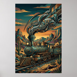 Art Deco Western Express Poster - Geometric Train 