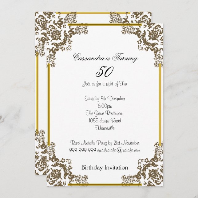 Art Deco White 50th Birthday Invitation (Front/Back)