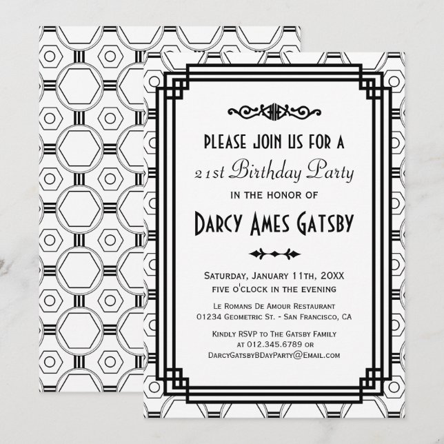 Art Deco White & Black Birthday Party Invites (Front/Back)