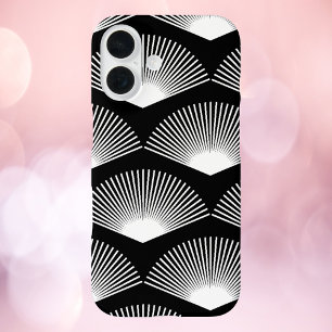 Art Deco White Fan Pattern Black Background iPhone 16 Case