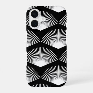 Art Deco White Fan Pattern Black Background iPhone 16 Case