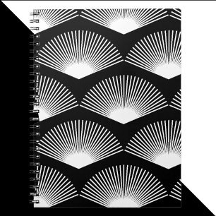 Art Deco White Fan Pattern Black Background Notebook