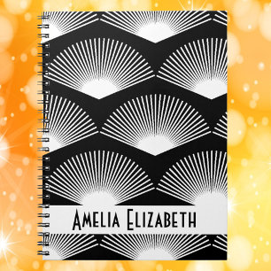 Art Deco White Fan Pattern Black Personalise Notebook