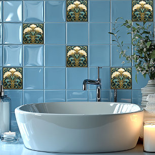 Art Deco White Flower Blue Turquoise Gold Tile
