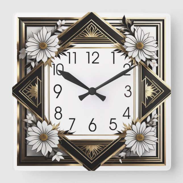 Art Deco white flowers Square Wall Clock (Front)