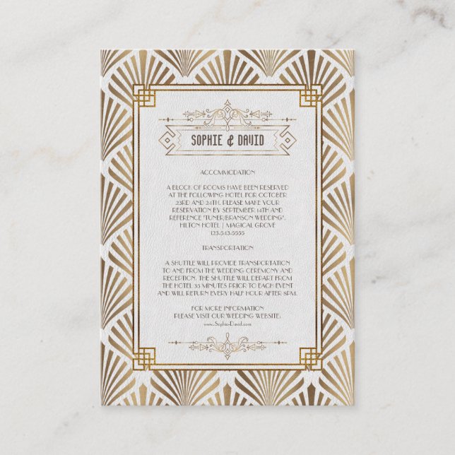 Art Deco White Gold Gatsby 1920s Wedding Details Enclosure Card (Front)