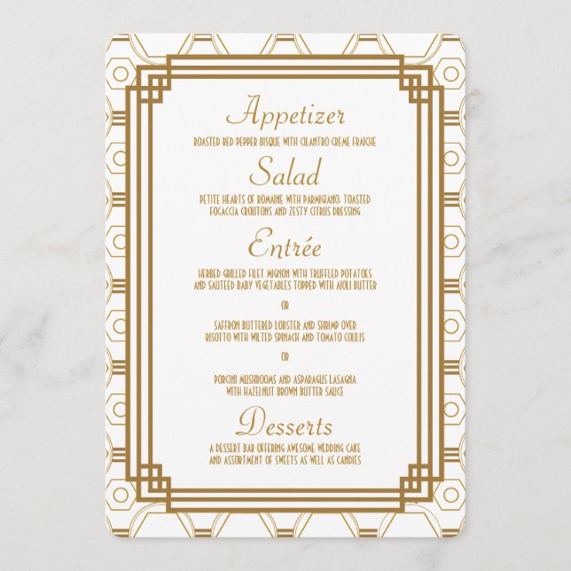 Art Deco White Wedding Menu Cards (Front)