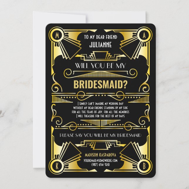 Art Deco Will You Be My Bridesmaid Gold & Black Invitation (Front)